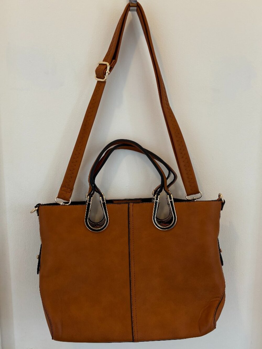 Cognac Brown Faux Leather Tote Bag with Horseshoe Hardware Details